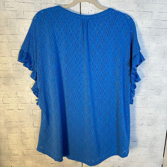 Ruby Rd women’s blouse, embroidered eyelet ruffle sleeve V-neck bohemian hippie - Picture 3 of 9